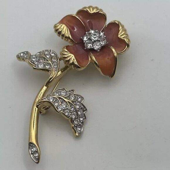 Nolan Miller Vintage Enamel Rhinestones Flower Brooch Signed - Picture 1 of 8